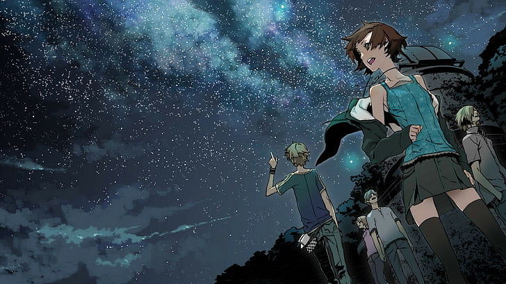 anime, clear sky, observatory, stars, group of people, night