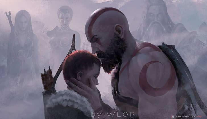 digital art, artwork, video games, Kratos, men, bearded, WLOP