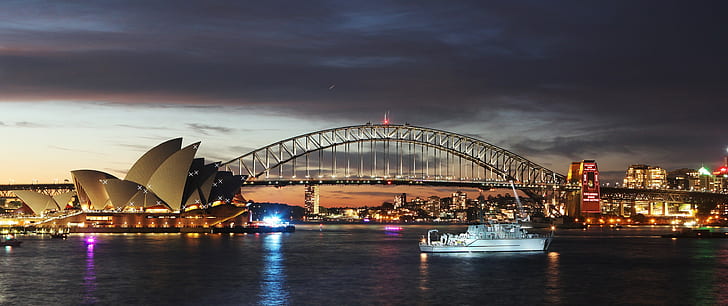 explosion, Sydney, bridge, river, city, city lights, HD wallpaper