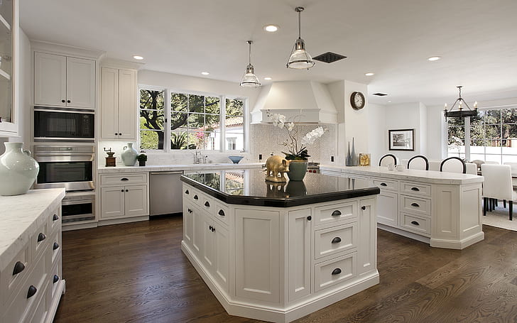 White Kitchen Cabinets, kitchen room set, furniture, home design, HD wallpaper