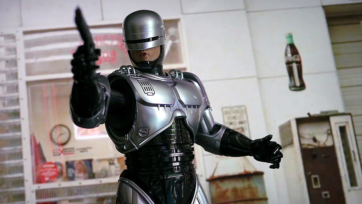 Robocop, gun, weapons, background, robot, armor, cyborg, movie, HD wallpaper
