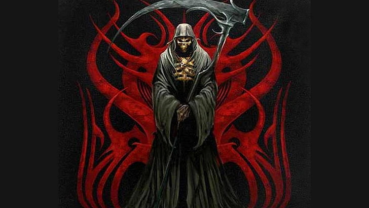 Grim Reaper, red, black background, fear, art and craft, no people