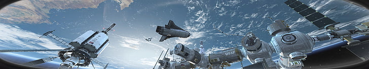 gray satellite illustration, spacecraft on space, multiple display, HD wallpaper