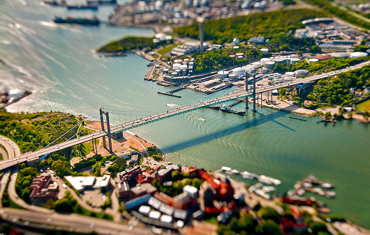 gray suspension bridge, aerial photo of concrete city bridge