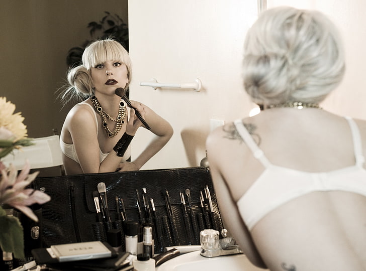 Lady Gaga Makeup, women's white brassiere, Music, beauty, mirror, HD wallpaper