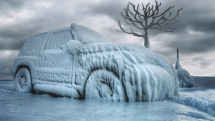 ice, car, cold temperature, winter, snow, frozen, cloud - sky, HD wallpaper
