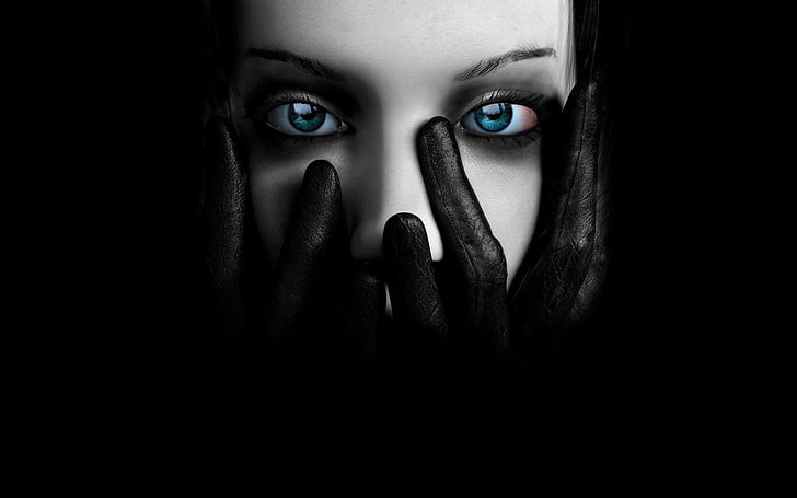 fantasy women, blue eyes, hands on face, white skin, human body part