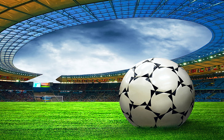 Football Stadium, white soccer ball, Sports, green, grassland, HD wallpaper