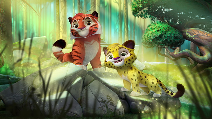 tiger and leopard cubs, animals, cartoon, stone, jungle, Leo and TIG