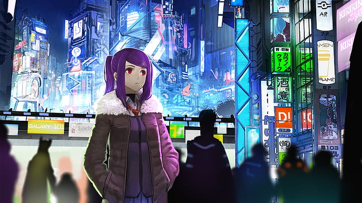 girl, the city, future, fiction, neon, anime, art, cigarette, HD wallpaper