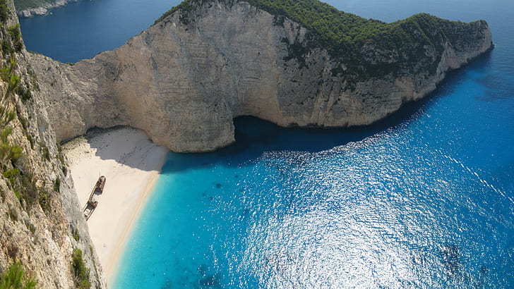 sea, cliff, anime, nature, beach, navagio beach, Greece, landscape
