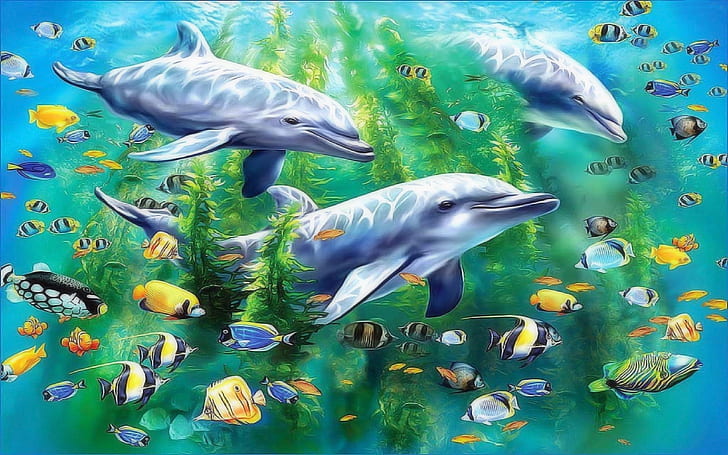 Animal World Under Sea Ocean Water Seaweed Algae Dolphins Sarongs Tropical Fish Art Hd Wallpapers For Mobile Phones Tablet And Pc 1920×1200, HD wallpaper