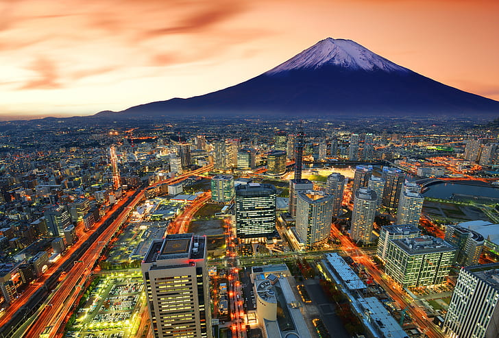 the city, mountain, the volcano, Japan, blur, Fuji, skyscrapers