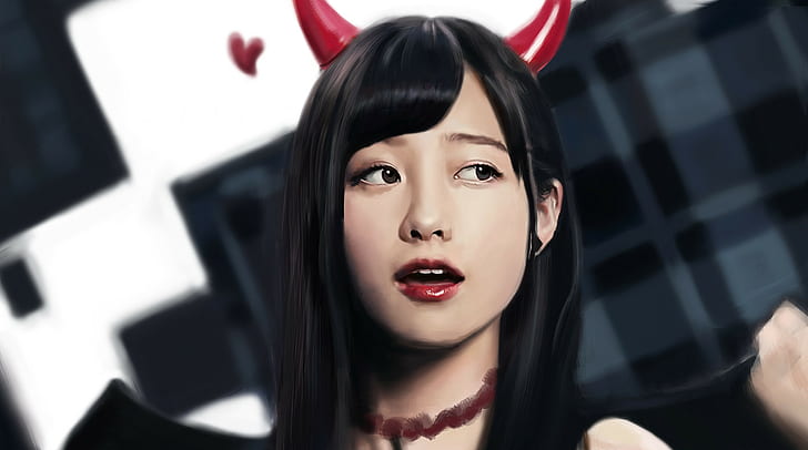Kanna Hashimoto, long hair, Asian, women, horns, red lipstick, HD wallpaper