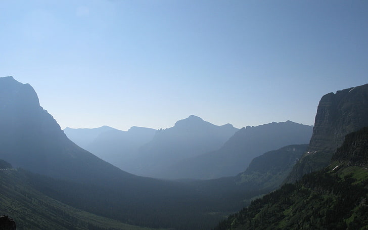 areal photo valley, landscape, sky, mist, mountains, Glacier National Park, HD wallpaper
