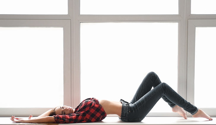 jeans, shirt, window sill, lying on back, women, belly, pants