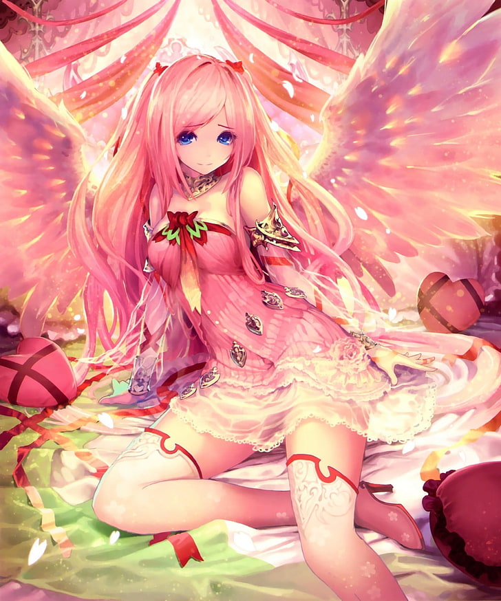 pink-haired female angel anime character wallpaper, artwork, anime girls, HD wallpaper
