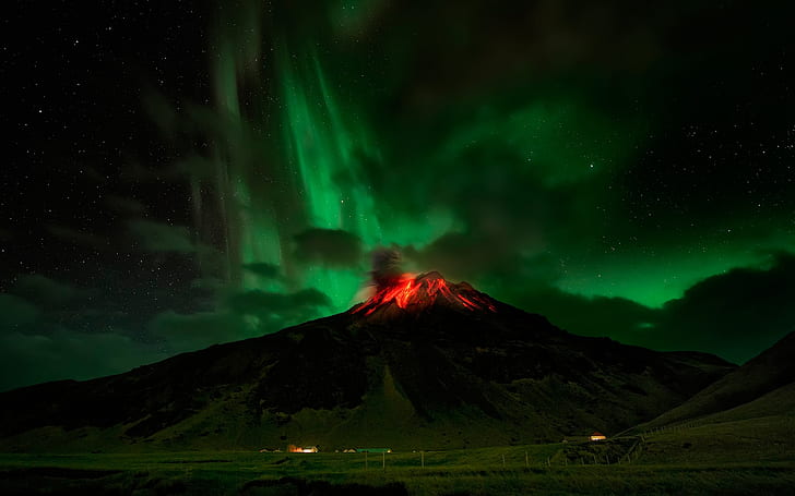 Volcano Eruption, landscape, night