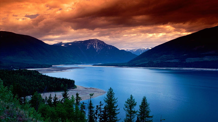 blue body of water, sunset, clouds, mountains, lake, forest, gold