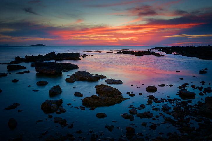 photo of rocky shore during sunset, Keep calm, sea, seascape, HD wallpaper