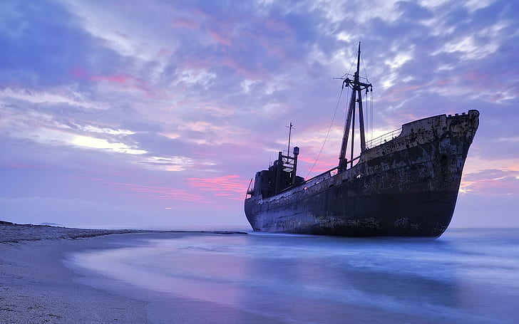 Aboned Ship, vehicle, beach, water, ocean, blue, boats, HD wallpaper