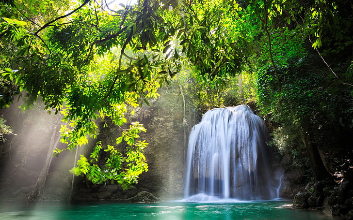 Kanchanaburi, Thailand, waterfall, nature, sunlight, water, trees, HD wallpaper
