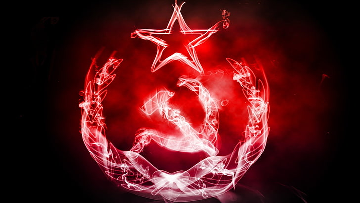 Soviet emblem, USSR, Russia, red, illuminated, black background