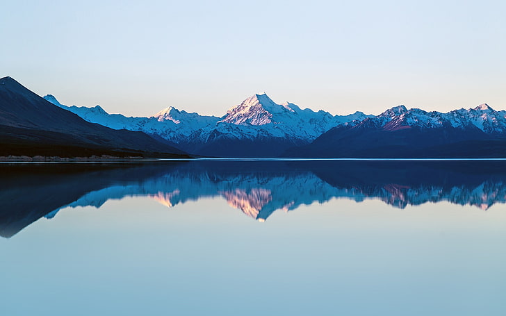body of water, mountains, snow, nature, sky, blue, glass, reflection