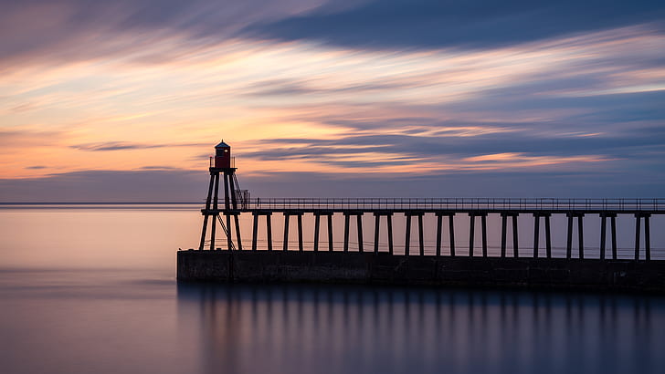 pier, Whitby, sky, water, sea, sunrise, clouds, HD wallpaper