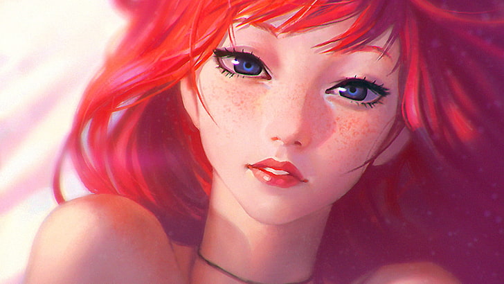 red-haired female anime character, Ilya Kuvshinov, redhead, freckles, HD wallpaper