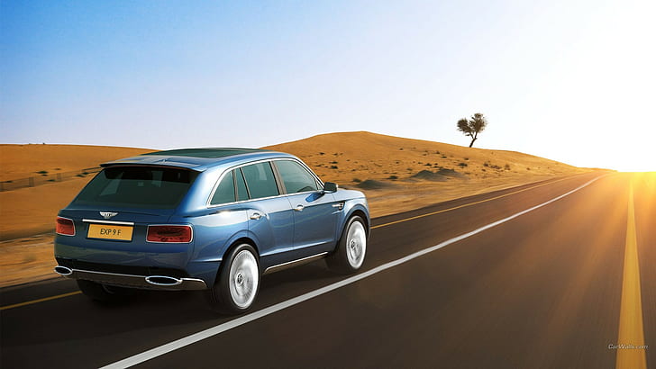 Bentley XP9, road, desert, blue cars, vehicle