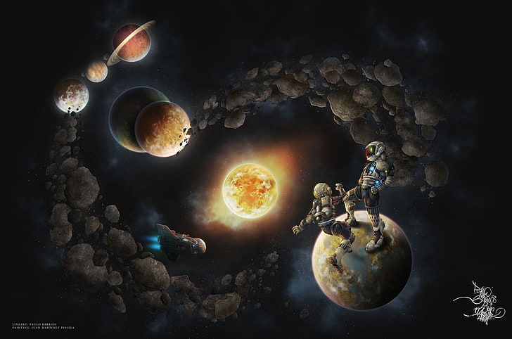 planets illustration, the sun, space, stars, earth, ship, Mars