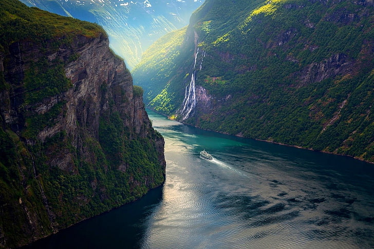 body of water surrounded by mountains illustration, photography