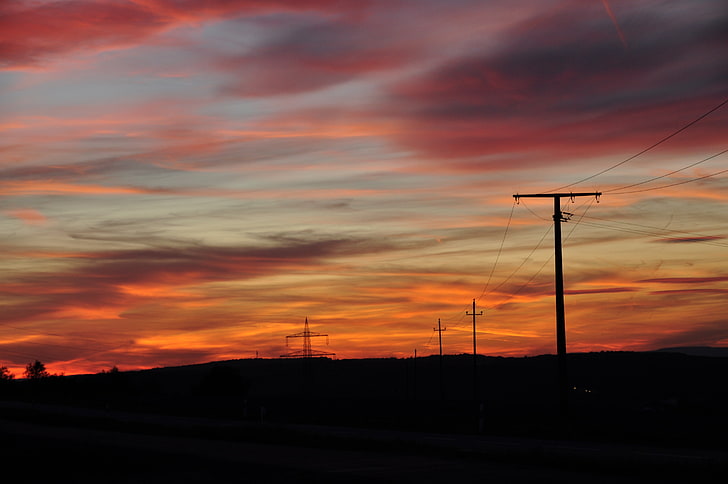sunset, dark, sky, cloud - sky, silhouette, electricity, cable