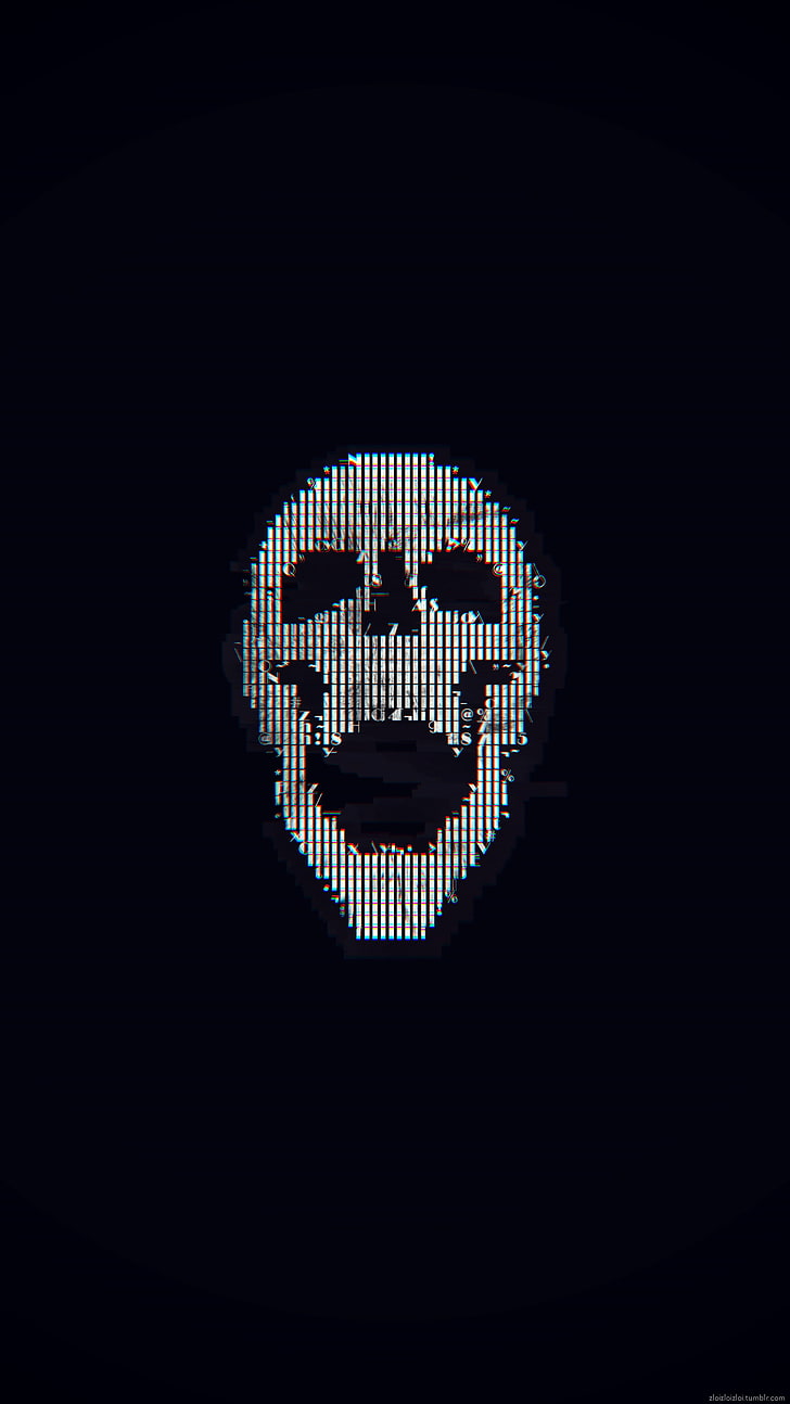 white skull logo, glitch art, abstract, ASCII art, technology