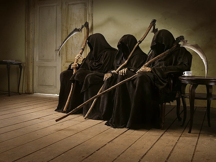 three grim reaper digital artwork, death, indoors, people, full length, HD wallpaper