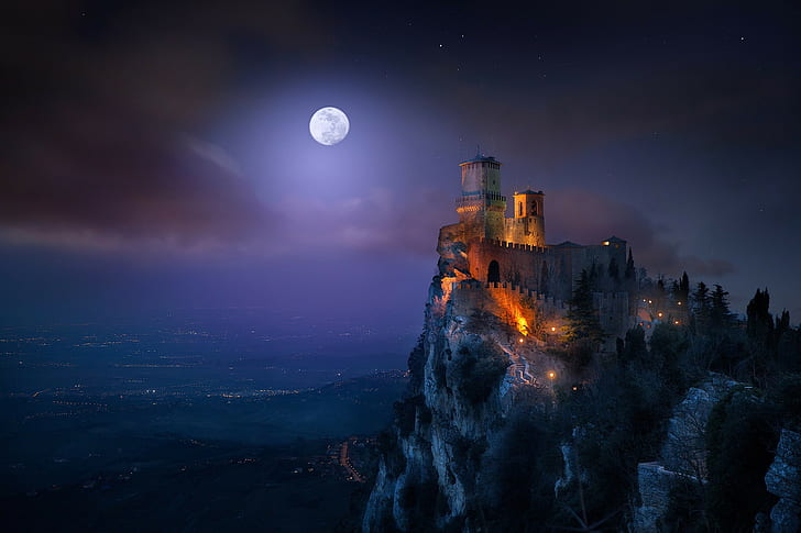 castle, Guaita Fortress, landscape, nature, night, San Marino, HD wallpaper