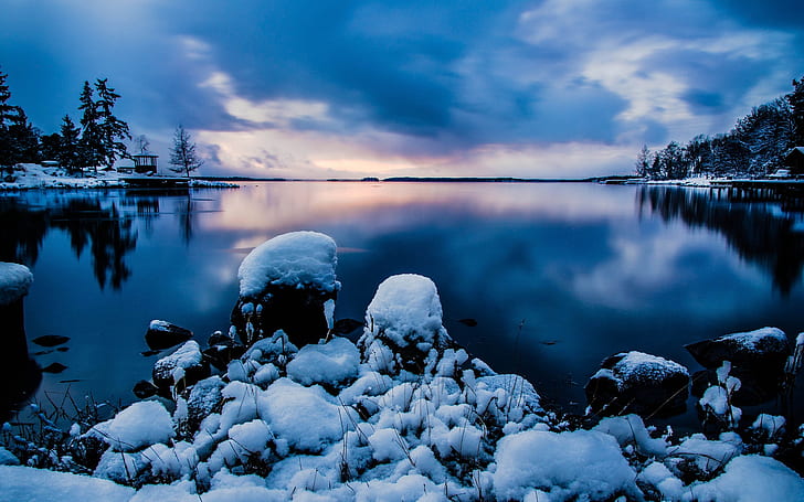 Beautiful night snow, Stockholm, Sweden, calm lake, cold winter, blue sky, body of water near trees covered with snow