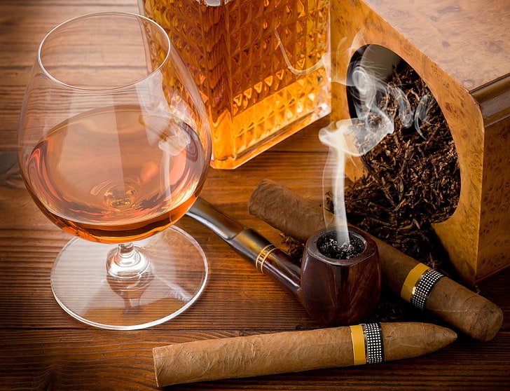 brown cigar, Food, Whisky, Brandy, Glass, Smoking Pipe, Table, HD wallpaper