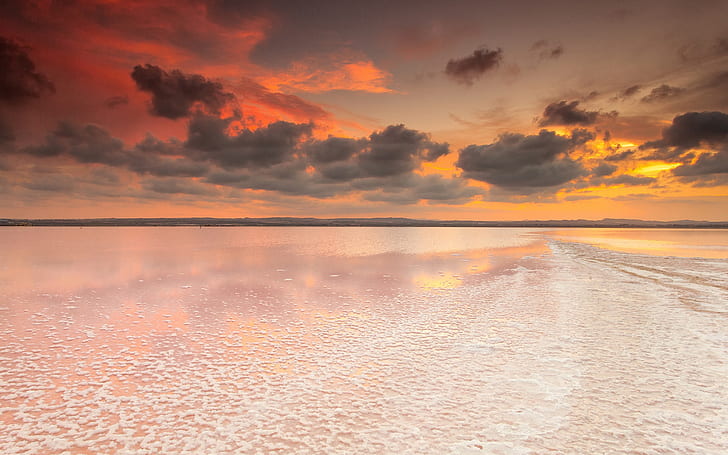Spain, Valencia, salt lake, dawn, sky, clouds, body of water during golden hour painting, HD wallpaper