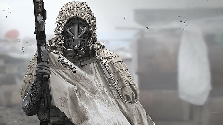 gray soldier, futuristic, weapon, clothing, one person, military