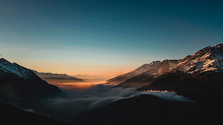 black-and-white mountains, clouds, Sun, sunrise, nature, mountain Peak, HD wallpaper