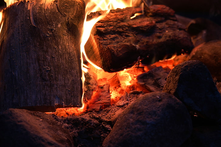 brown firewood, red, burning, Sweden, campsite, campfire, fire - natural phenomenon