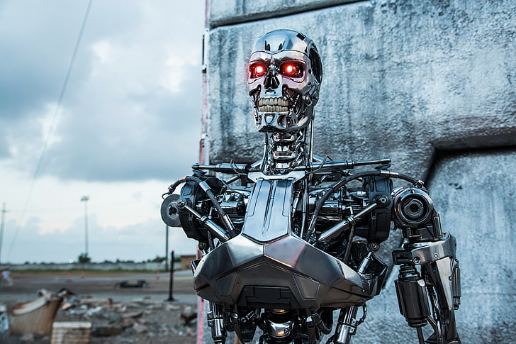 Terminator movie still, genesis, robot, t-800, motorcycle, futuristic