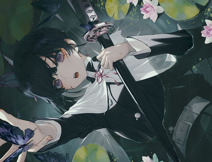 Kimetsu no Yaiba, Kanao Tsuyuri, black hair, purple eyes, katana, HD wallpaper