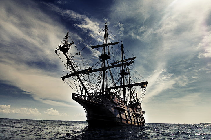 brown galleon ship, sea, wave, the sky, clouds, landscape, sailboat