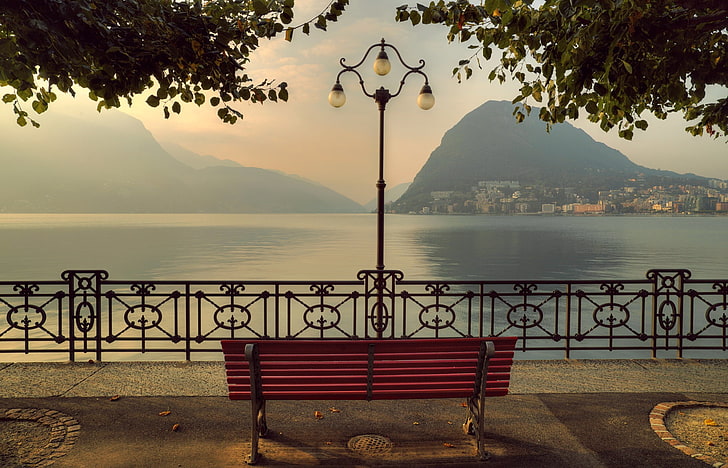 red wooden bench, mountains, lake, Switzerland, Alps, lantern