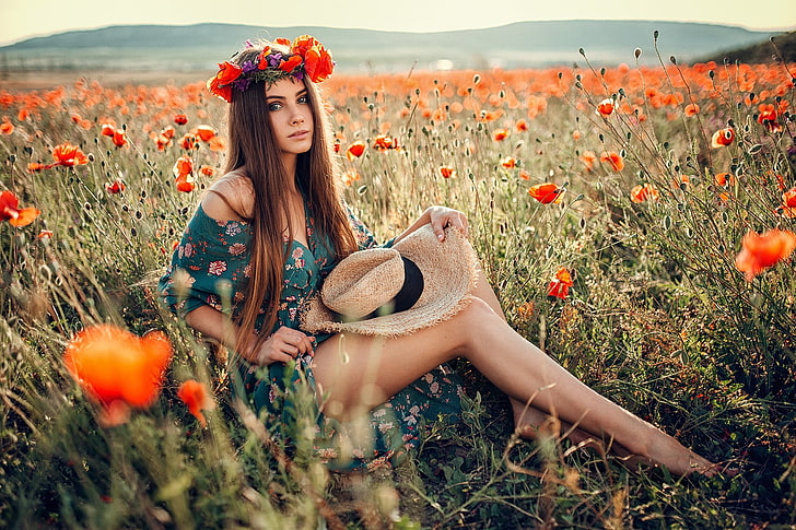 hat, plants, women, model, flowers, Evgeny Freyer, legs, young adult, HD wallpaper