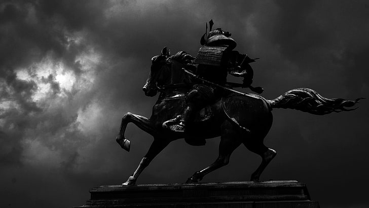 gray knights and horse statue, samurai, Japan, sculpture, domestic, HD wallpaper