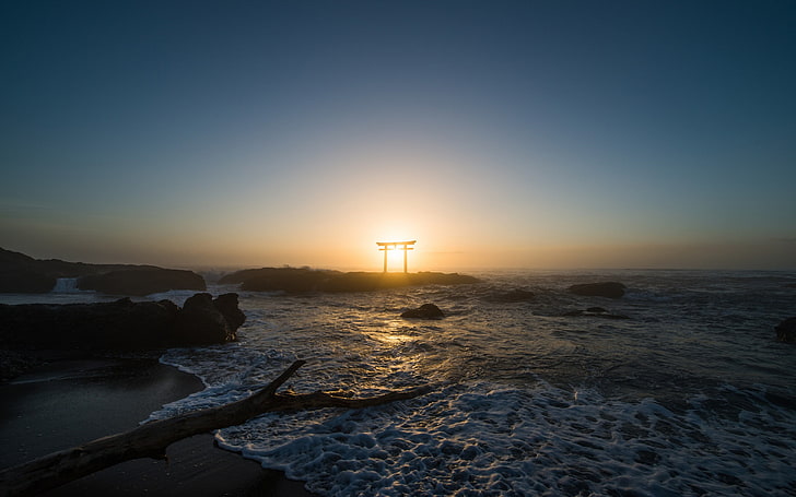 nature, sunset, sea, Japan, torii, sky, water, beauty in nature, HD wallpaper